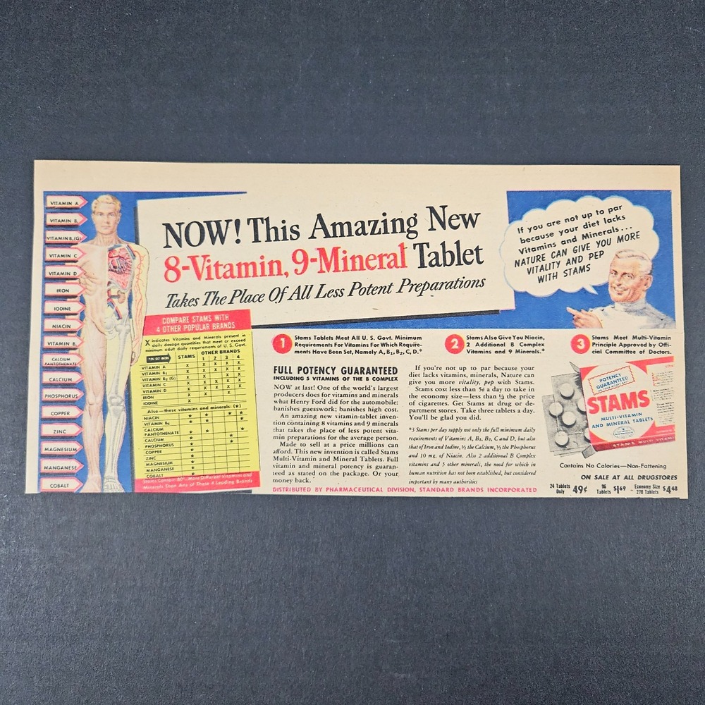 1944 Stams Multi-Vitamin & Mineral Tablets Vintage Print Ad Standard Brands Inc